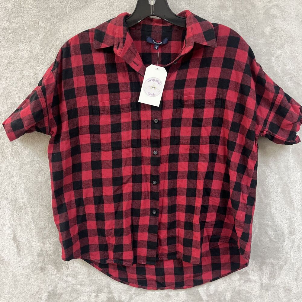 Madewell Top Women’s XS Red Buffalo Plaid Button Up‎ Short Sleeve Oversized